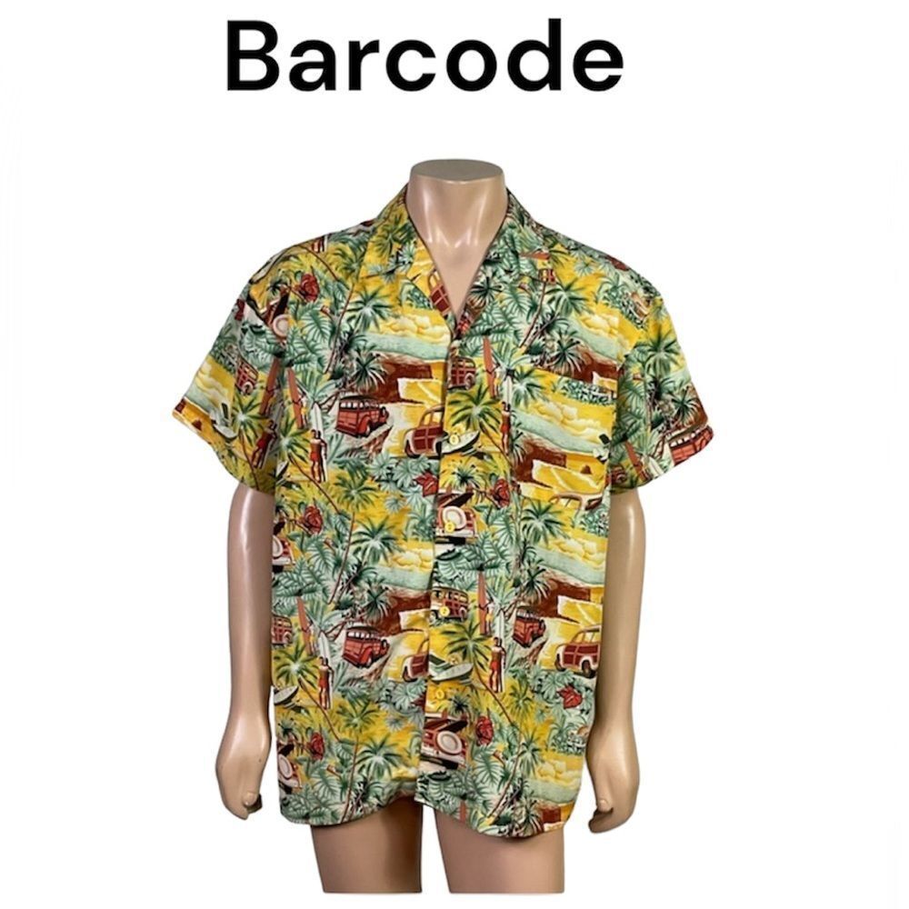 Barcode Men's Yellow Tropical Hawaiian Resort Casual Button-Down Shirt Large